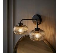 ValueLights | Matt Black 2 Way Wall Light Fitting with Smoked Ribbed Lampshades | Bath Wall Lights, Home Décor & Improvement Essential | IP44 Bathroom | Mains Wired