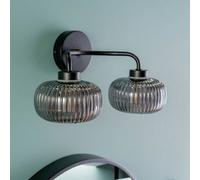 Valuelights Amaia Matte Black Ip44 Rated 2 Way Smoked Ribbed Glass Wall Light With Led Bulbs
