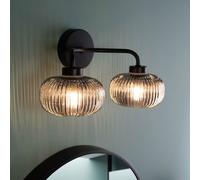 ValueLights | Matt Black 2 Way Wall Light Fitting with Smoked Ribbed Lampshades | Bath Wall Lights, Home Décor & Improvement Essential | Includes Bulb