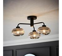 ValueLights | Matt Black 3 Way Ceiling Light Fitting with Smoked Ribbed Lampshade | Close-to-Ceiling Lights, Home Décor & Improvement Essential | IP44 Bathroom | Mains Wired