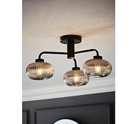 ValueLights | Matt Black 3 Way Ceiling Light Fitting with Smoked Ribbed Lampshade | Close-to-Ceiling Lights, Home Décor & Improvement Essential | IP44 Bathroom | Mains Wired