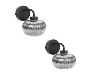 Valuelights Amaia Pair Of Black Ip44 Single Smoked Ribbed Glass Wall Lights With Led Bulbs