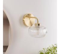ValueLights | Pair of Gold Wall Light Fitting with Clear Ribbed Lampshades for Living Room Hallway - IP44 Bathroom