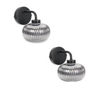 Valuelights Amaia Pair Of Matte Black Ip44 Rated Single Smoked Ribbed Glass Wall Lights