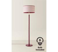 Valuelights Amara Linen Drum With Colour Trim Shade Wood Twist Floor Lamp And Bulb In Dark Pink Dark Pink