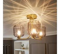 Valuelights Amelie Gold 3 Way Ceiling Light With Smoked Ribbed Glass Shades