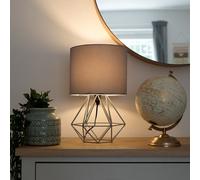Valuelights Angus Modern Grey Metal Basket Cage Bed Side Table Lamp With Grey Fabric Shade With Led Golfball Bulb In Warm White