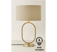 ValueLights Antonia Fabric with Gold Drum Shade Brushed Gold Oval Table Lamp with LED Bulb in Beige ValueLights Beige