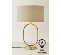 ValueLights Antonia Fabric with Gold Drum Shade Brushed Gold Oval Table Lamp with LED Bulb in Beige ValueLights Beige