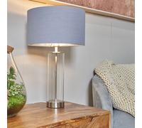 Contemporary Brushed Chrome & Clear Tube Table Lamp with a Grey/Chrome Cylinder Shade - Complete with a 4w LED Globe Bulb [3000K Warm White]