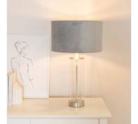 ValueLights Balan Grey Velvet Chrome Shade Glass Table Lamp & Bulb