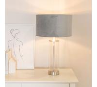ValueLights Balan Grey Velvet Chrome Shade Glass Table Lamp & Bulb