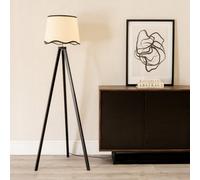 Barbro Black Wood Tripod Floor Lamp with Natural Linen Scallop Edge Shade ValueLights Black One Size