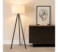 ValueLights Barbro Black Wood Tripod Floor Lamp & Natural Linen Trim Shade in White ValueLights White