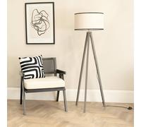 ValueLights Barbro Grey Wood Tripod Floor Lamp with Natural Linen with Trim Shade in Black ValueLights Black