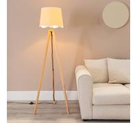 Barbro Light Wood Tripod Floor Lamp with Linen Scallop Edge Shade and LED Bulb ValueLights White One Size