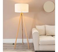 ValueLights Barbro Linen White Trim Drum Shade Wood Tripod Floor Lamp