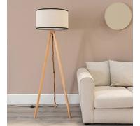 ValueLights Barbro Wood Tripod Floor Lamp with Natural Linen with Trim Drum Shade in Black ValueLights Black