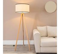 Barbro Wooden Tripod Floor Lamp with Linen with Trim Drum Shade and LED Bulb ValueLights Black One Size