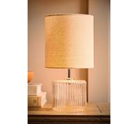 ValueLights | Clear Glass Base Table Lamp with Natural Fabric Drum Lampshade Living Room Bedside Light | Table Lamps, Home Décor & Improvement Essential | Included LED Bulb