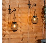 ValueLights | Black Metal Mesh Cage Solar Powered Outdoor 2 Pack Garden Lantern Lights