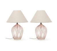 ValueLights | Blush Pink Glass Base Table Lamp with Fabric Tapered Lampshade | Home Décor, Bedside & Desk Lamp | Set of 2 | Includes Bulb [3000K Warm White]
