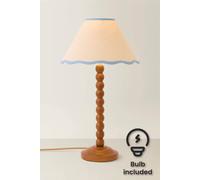ValueLights | Bobbin Blue Trim Linen Shade Walnut Bobble Table Lamp with Bulb | Table Lamps, Home Décor & Improvement Essential | Includes Bulb