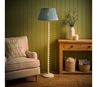 ValueLights Bobbin Leaf Printed Pleated Shade Cream Bobble Floor Lamp with Bulb in Mid Blue ValueLights Mid Blue