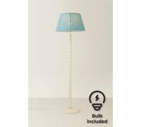 ValueLights Bobbin Leaf Printed Pleated Shade Cream Bobble Floor Lamp with Bulb in Mid Blue ValueLights Mid Blue
