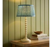 ValueLights Bobbin Leaf Printed Pleated Shade Cream Bobble Table Lamp with Bulb in Mid Blue ValueLights Mid Blue