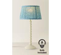ValueLights Bobbin Leaf Printed Pleated Shade Cream Bobble Table Lamp with Bulb in Mid Blue ValueLights Mid Blue