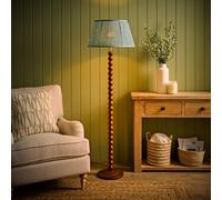 ValueLights Bobbin Leaf Printed Pleated Shade Walnut Bobble Floor Lamp with Bulb in Mid Blue ValueLights Mid Blue