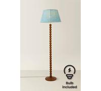 ValueLights Bobbin Leaf Printed Pleated Shade Walnut Bobble Floor Lamp with Bulb in Mid Blue ValueLights Mid Blue