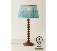 Valuelights Bobbin Leaf Printed Pleated Shade Walnut Bobble Table Lamp With Bulb In Mid Blue Mid Blue