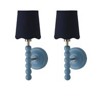 Valuelights Bobbin Pair Of Blue Wall Lights With Navy Linen Scallop Shade