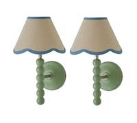 ValueLights Bobbins Pair of Green Wall Lights & Linen Trim Lamp Shades & Bulbs in Pale Blue ValueLights Pale Blue