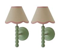 ValueLights Bobbins Pair of Green Wall Lights & Linen Trim Lamp Shades & Bulbs in Pale Pink ValueLights Pale Pink