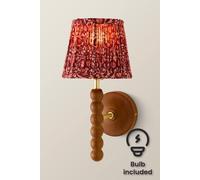 Valuelights Bobbins Pair Burgundy Floral Pleat Shade Wood Bobble Wall Light & Bulb In Walnut Walnut