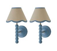 ValueLights Bobbins Pair of Blue Wall Lights with Linen Trim Lamp Shades & Bulbs in Pale Blue ValueLights Pale Blue