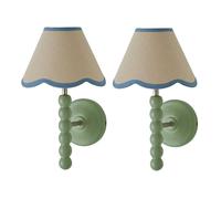 ValueLights Bobbins Pair of Green Wall Lights & Linen Pastel Trim Lamp Shades in Pale Blue ValueLights Pale Blue