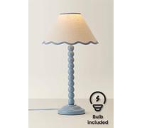 ValueLights | Powder Blue Bobbin Stem Table Lamp with Blue Trim Scallop Shade | Home Décor, Bedside & Desk Lamp | Includes Bulb