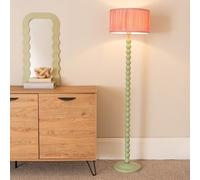 ValueLights Bobbins Ruched Pleated Blush Pink Drum Shade Sage Green LED Floor Lamp - Wilko