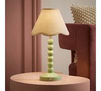 Valuelights Bobble Linen Scallop Trim Shade Green Rechargeable Wooden Table Lamp