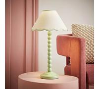 ValueLights Bobbles Wood Sage Green Bobbin Table Lamp With Scallop Shade - Cream