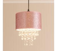 ValueLights | Pair of Easy Fit Pink Glitter Cylinder Ceiling Pendant Drum Light Shade with Clear Acrylic Jewel Droplets LED Bulbs Included | Shades & Home Improvements Essential | 28cm Shade Width