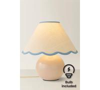 Valuelights Bosco Natural Stone Globe Ceramic Table Lamp With Linen Scalloped Shade & Bulb In Blue Blue