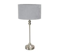 ValueLights | Brushed Chrome Metal Candlestick Table Lamp with Grey Velvet Drum Shade Bedside Light | Table Lamps, Home Décor & Improvement Essential | Included LED Bulb
