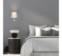 MiniSun Modern Polished Chrome & Genuine Clear K9 Lead Crystal Detail Wall Light Fitting with a Tapered Grey Fabric Shade