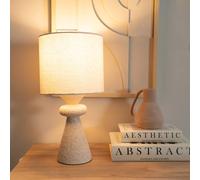 Pair of - Natural Cement Effect Bedside Table Lamp with Drum Fabric Lampshade Living Room Bedroom Light