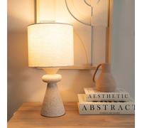 Pair of - Natural Cement Effect Bedside Table Lamp with Drum Fabric Lampshade Living Room Bedroom Light